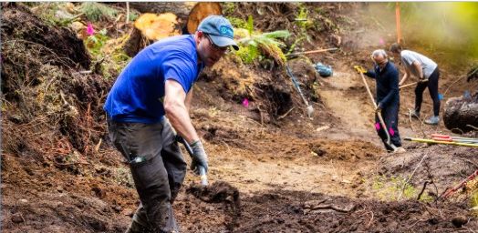 Trail crew hand-digging sustainable tread